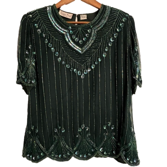 Laurence Kazar Tops - Vintage 1980s Laurence Kazar Emerald Green Beaded & Sequins Silk Top